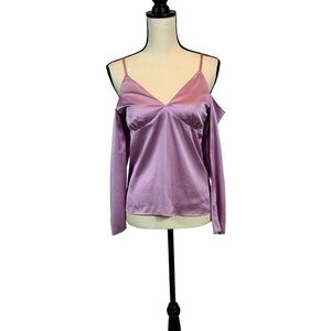 WAYF Off the Shoulder Silky Spaghetti Straps Long- Sleeves Lavender Purple - XS